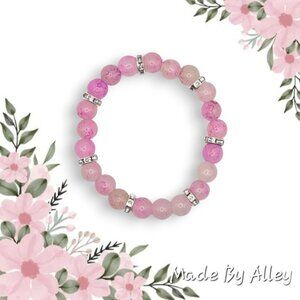 Handmade Pink Glass 8mm Elastic Beaded Bracelet with Sliver Spacers